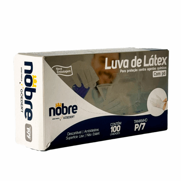 Luva de Látex com Pó – Caixa com 100 Unidades, Tamanho M – Nobre (Blister/Caixinha Pequena) - Image 2