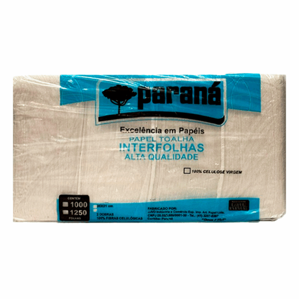 Papel Toalha Interfolhas 100% Celulose 20x21cm c/1000 – Paraná (Embalagem Transparente, Pacote)